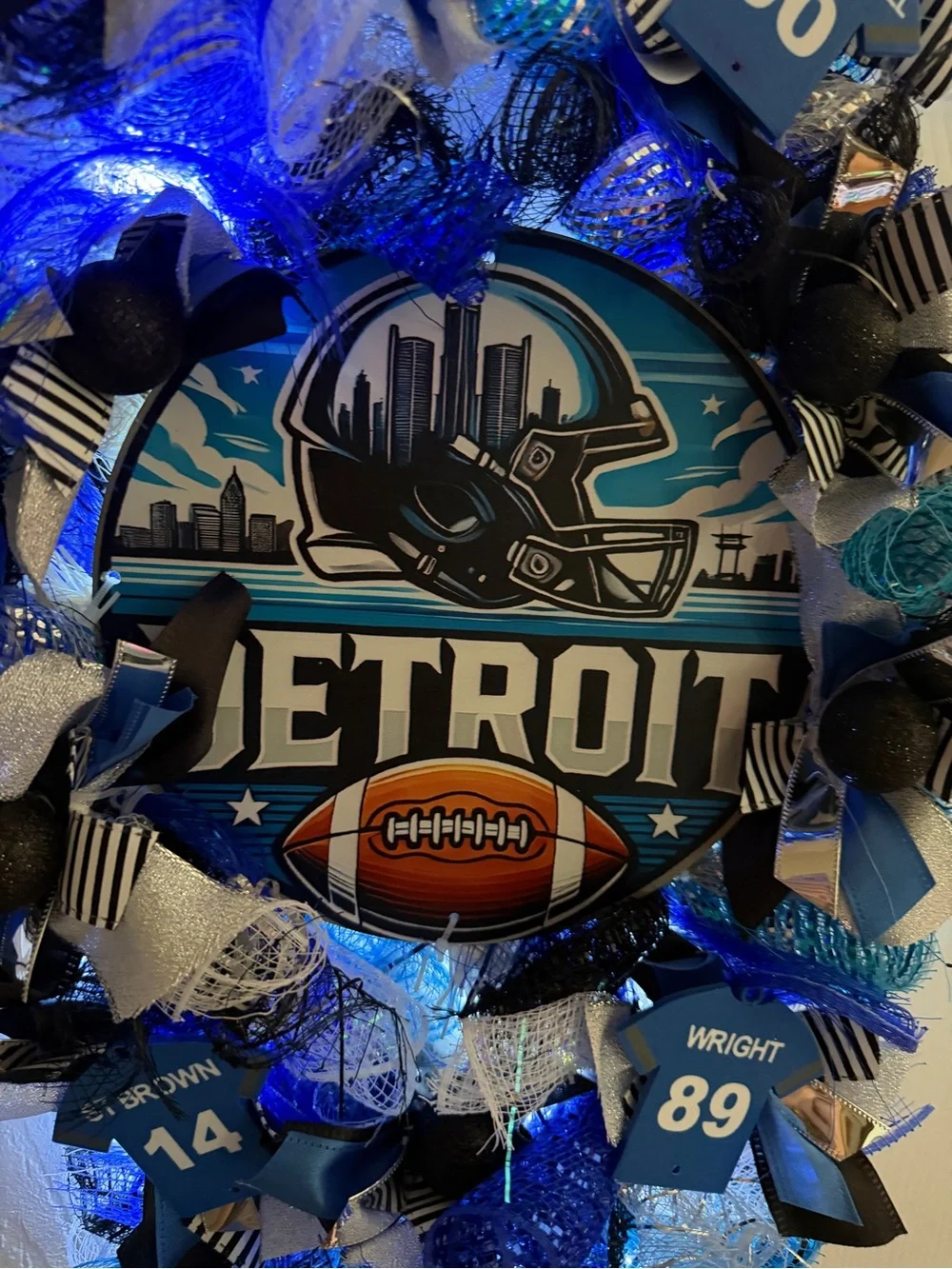 Detroit Football Themed Door Swag Wreath Handmade Hutchinson St. Brown Wright